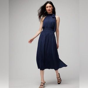 White House Black Market Satin Midi Dress Size XL Pleated Smocked Mock Neck Blue